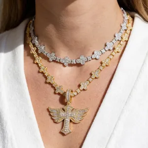 Hip hop necklace set with gold winged cross pendant and silver clover chain with zircons