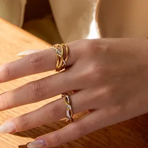 Stainless Steel Twisted Snake Ring Gold Silver Bi-Color Mother Of Artificial Pearl Inlay Waterproof Hypoallergenic Fashion Jewelry