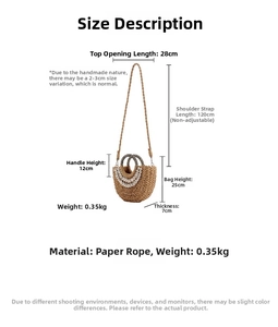Size chart for semi-circle paper rope woven bag with dimensions and shell details