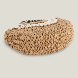 Handmade straw crescent handbag with natural shell trim and striped woven handles