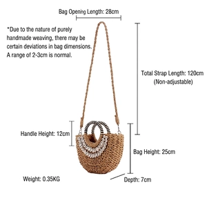 Minimalist straw woven semi-circle bag with shells, sizing and dimensions chart included