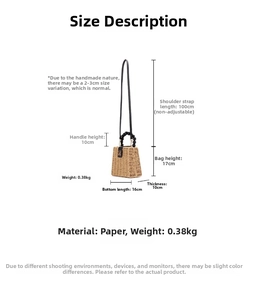 Detail of woven straw handbag with wood bead handle and metal clasp showing size dimensions