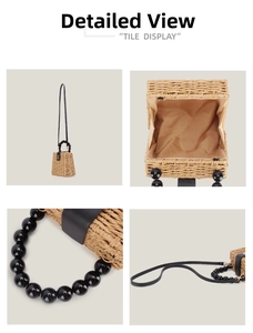 Detail showing the woven texture, bead handle and fabric lining of this straw bag