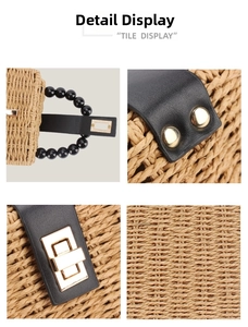 Close-up of straw woven bag with black beaded handle and golden metal swivel lock