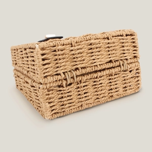 Handwoven summer beach straw bag with wooden beads handle and elegant metal clasp