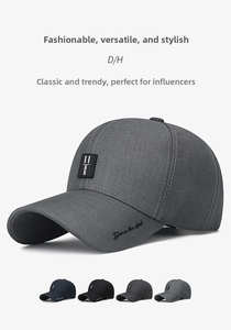 Detail view of cotton twill baseball caps showing navy, black, and grey color options