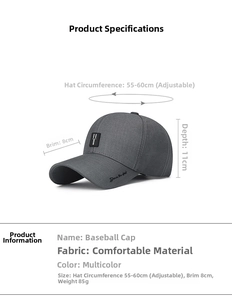 Detailed measurement chart for dark grey baseball cap showing adjustable 55-60cm head size