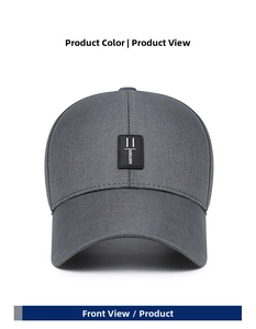 Front detail of a charcoal grey baseball cap with a black embossed brand logo patch