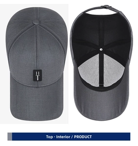 Top and interior detail view of dark grey baseball cap showing sturdy cotton stitching