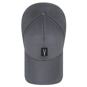 Dark grey cotton twill baseball cap with offset logo label and structured six-panel crown