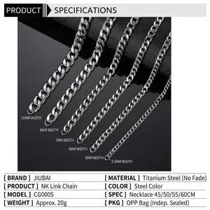 Classic silver titanium steel Cuban link chain necklace for men in various widths