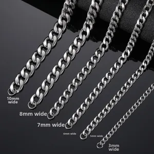 Detailed view of silver stainless steel Cuban link chains in widths 3mm to 10mm