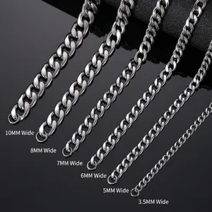 Men stainless steel Cuban link chains in widths from 3.5mm to 10mm on black surface