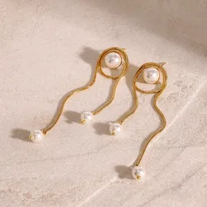 Long Tassel Drop Earrings Stainless Steel Gold Plated Snake Chain Artificial Pearl Dangle Elegant Jewelry For Women