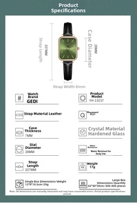 Detailed size specifications for a minimalist square quartz watch with a leather strap