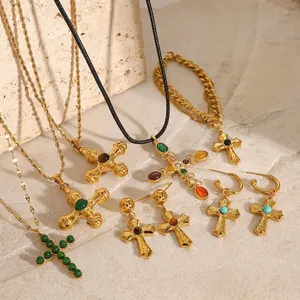 Cross Pendant Necklace Stainless Steel Natural Stone 18K Gold Plated Vintage Bohemian Religious Jewelry For Women