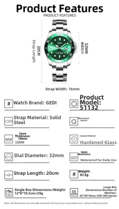 Vue détaillée de la montre GEDI cadran vert avec dimensions et étanchéité à l'eau