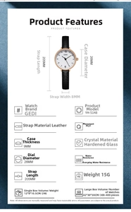Detailed dimensions of the vintage small round quartz watch with black leather strap