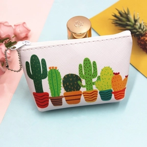 Fashionable small PU leather coin purse with cute cartoon cactus print for women