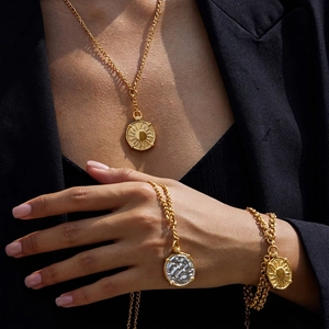 Vintage Sun Coin Pendant Necklace And Bracelet Stainless Steel Gold Plated Bohemian Retro Jewelry Accessory For Women