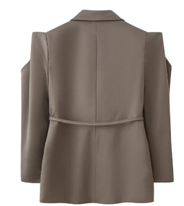 Back view of brown blazer featuring structured shoulders and matching waist belt tie
