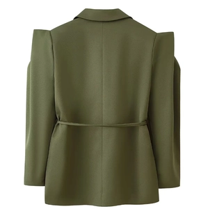 Rear view of olive green blazer with padded shoulders and matching slim waist belt