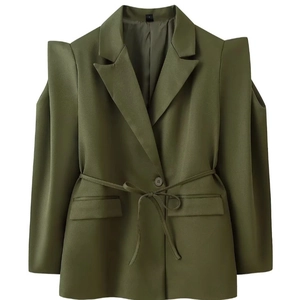 Olive green belted blazer for women with padded shoulders and unique slit sleeves