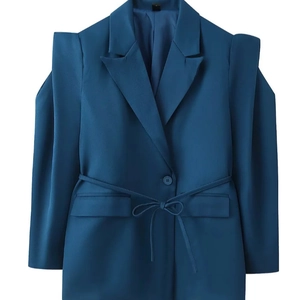 Navy blue women's tailored blazer with unique shoulder cut-outs and a waist tie belt