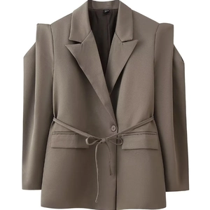 Dark khaki blazer for women featuring pleated shoulders and matching waist belt
