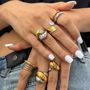Two Tone Stainless Steel Rings Waterproof Hypoallergenic Geometric Flower Irregular Adjustable Finger Jewelry Women