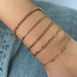 Bracelets Chaîne En Acier Inoxydable Plaqué Or Pour Femmes Figaro Trombone Chaînes À Billes Zircon Bijoux Étanche