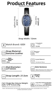 Detailed specs of the vintage quartz watch with blue shell dial and black leather strap