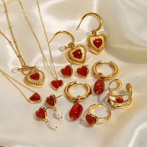 Vintage Heart Jewelry Red Agate Necklace Earrings Ring Stainless Steel 18K Gold Plated Artificial Pearl Elegant Style For Women
