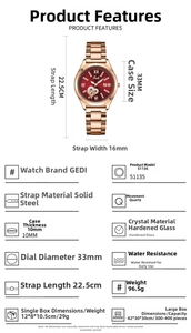 Detailed specs of rose gold quartz watch with red dial and crystal heart hour markers