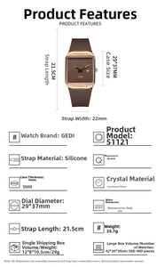 Detailed specifications of GEDI quartz watch with silicone strap and calendar window