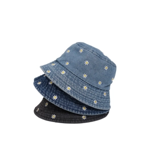 Three colors of denim bucket hats with daisy embroidery for sun protection and casual wear