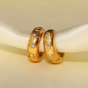 Evil Eye Star Moon Hoop Earrings 18K Gold Plated Stainless Steel Cubic Zirconia Chunky Embossed Jewelry For Women