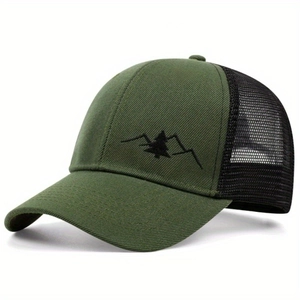 Olive green trucker hat with mountain pine embroidery and black mesh back panels