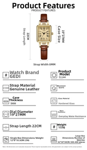 Detailed size specifications for GEDI vintage square watch with brown leather strap