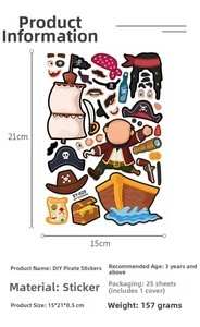 Detail specifications for DIY pirate sticker set showing size 15x21cm and 25 sheets