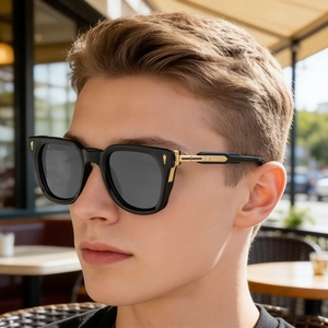 Classic square black polarized sunglasses with gold arrow accents on a male model