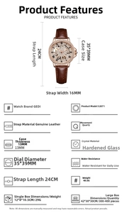 Size chart showing product features of the GEDI leather quartz watch with Roman numerals
