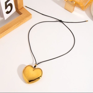 Minimalist 18K gold plated heart pendant necklace with adjustable black cord