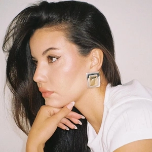 Elegant minimalist square 18K gold plated stainless steel stud earrings on female model