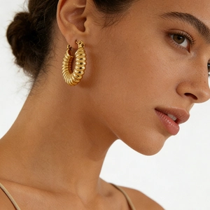Twisted Hoop Earrings 18K Gold Plated Stainless Steel Chunky Croissant Spiral Ribbed Texture For Women