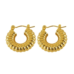 Polished golden stainless steel twisted hoop earrings with textured spiral design for women