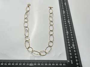 Detailed view of the 18K gold-plated textured oval link necklace next to a ruler.