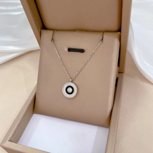 Elegant silver titanium steel ring necklace with black enamel inlay and crystals