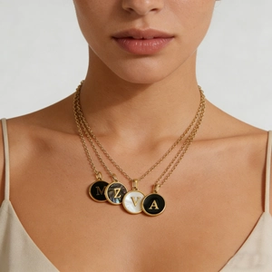Round Initial Letter Pendant Necklace 18K Gold Plated Stainless Steel Natural Mother Of Artificial Pearl Enamel Minimalist Jewelry