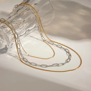 Detailed layered necklace set with gold box chain and silver paperclip chain links